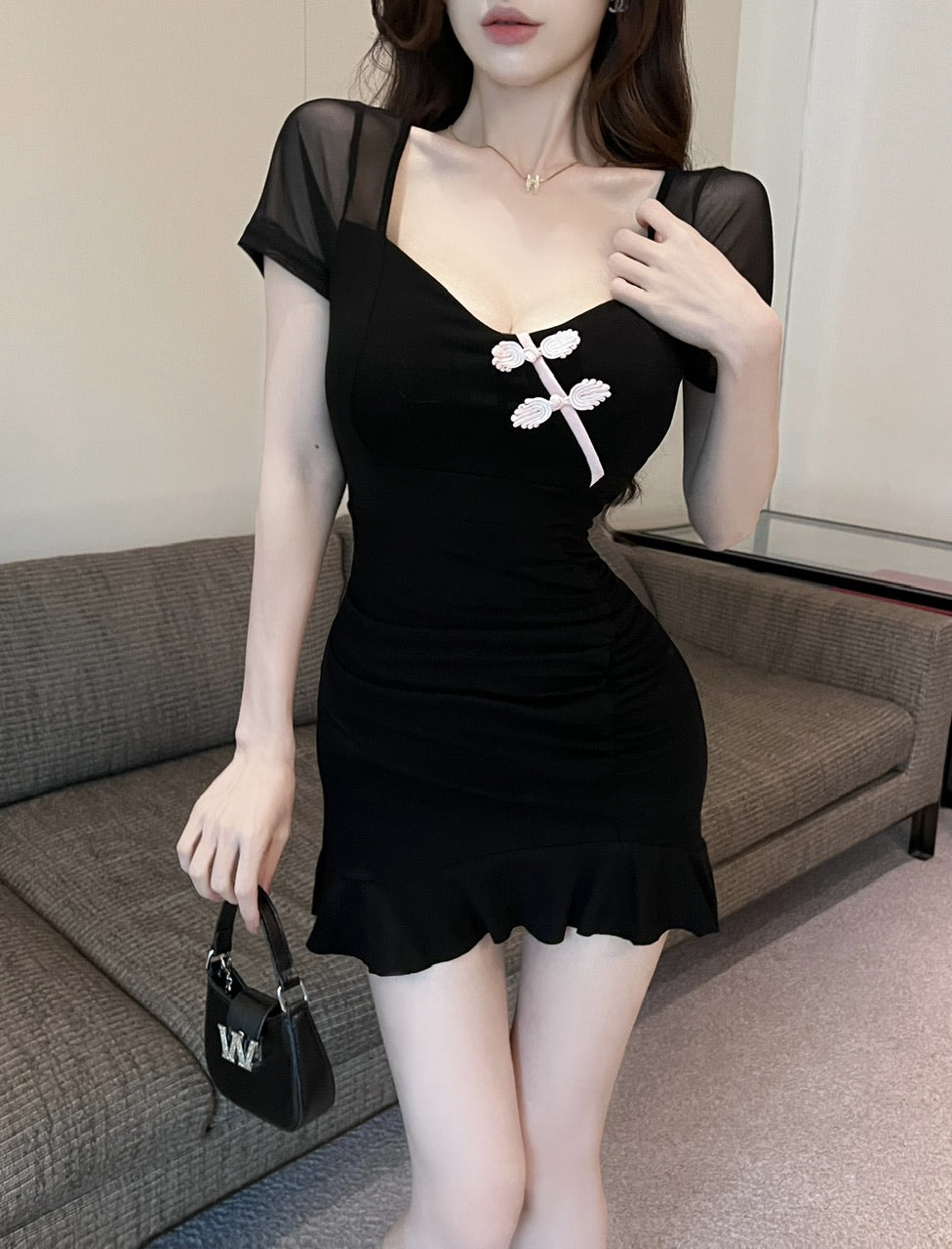 Classical Sheath Ruffles Trimmed Leaf Design Mini Skirt Y2K Party Outfit Black Lace Short Sleeve Short Dress AP1625