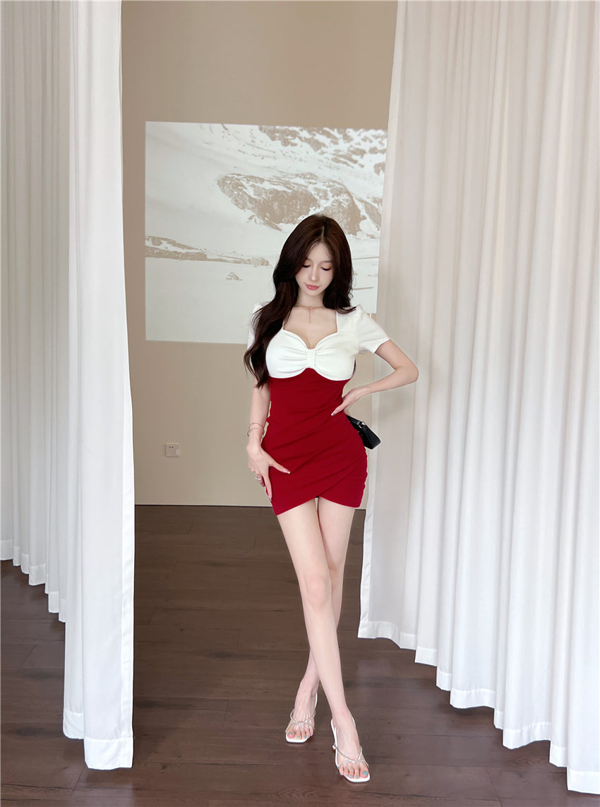 Vintage Red & White Splicing Mini Skirt Hot Girls Party Outfit Ruched Short Sleeve Sheath Short Dress AP1626