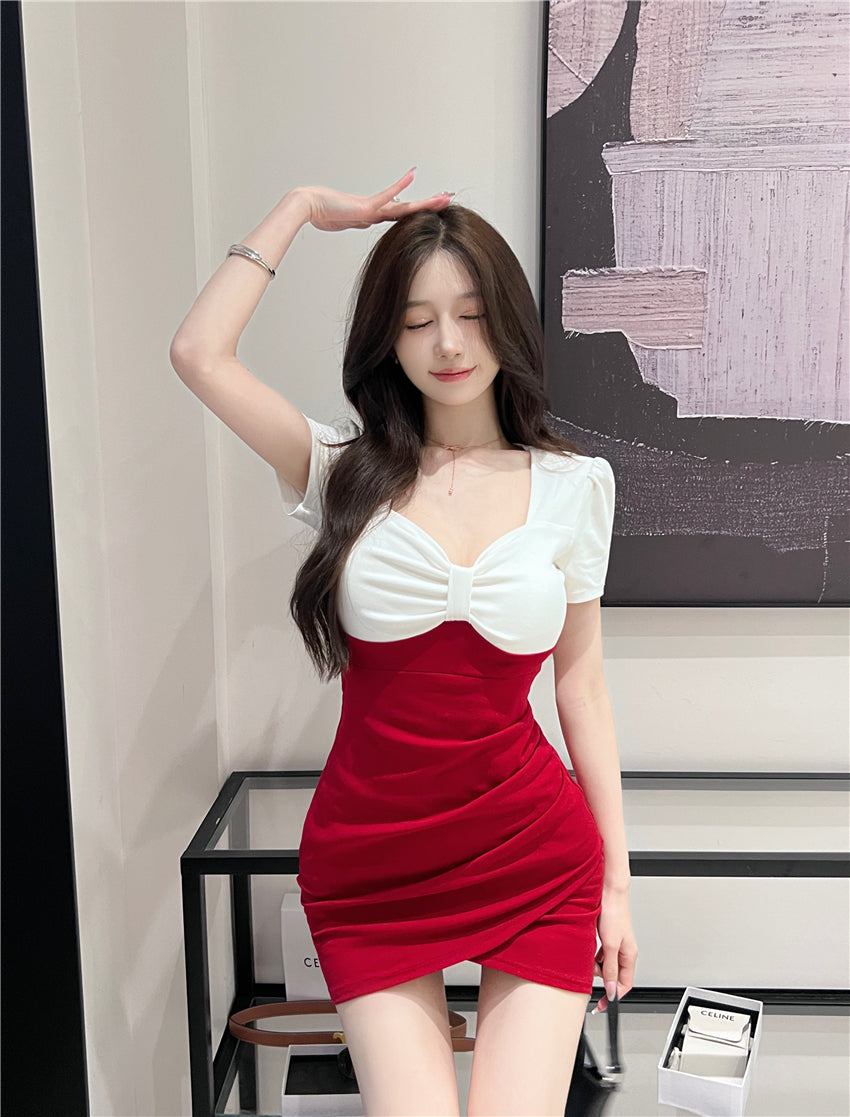Vintage Red & White Splicing Mini Skirt Hot Girls Party Outfit Ruched Short Sleeve Sheath Short Dress AP1626