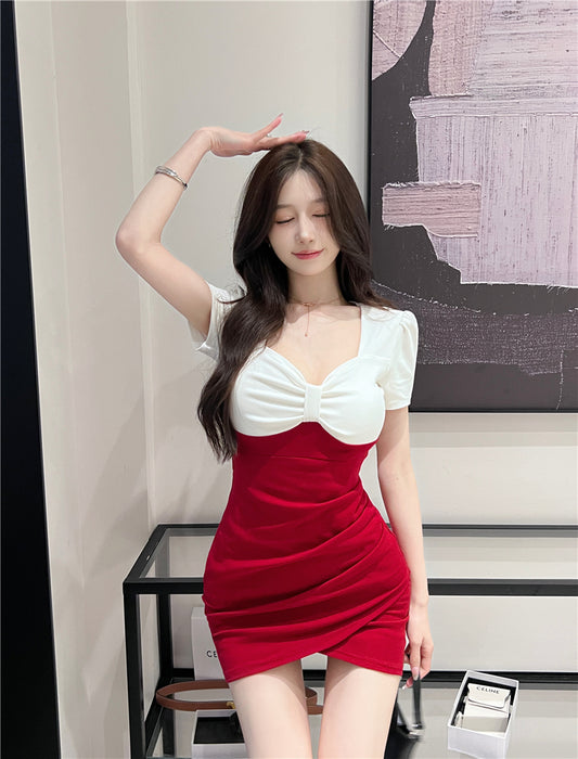 Vintage Red & White Splicing Mini Skirt Hot Girls Party Outfit Ruched Short Sleeve Sheath Short Dress AP1626