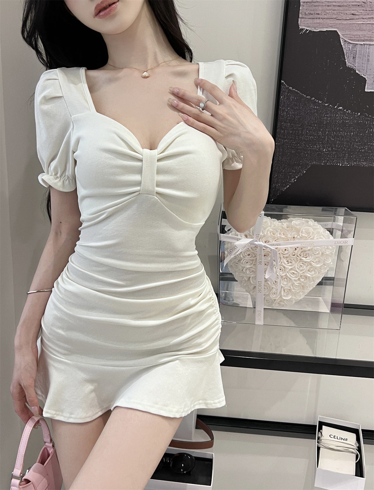 Vintage White Puff Short Sleeve Mini Skirt Hot Girls Party Outfit Ruffles Hem Sheath Short Dress AP1627