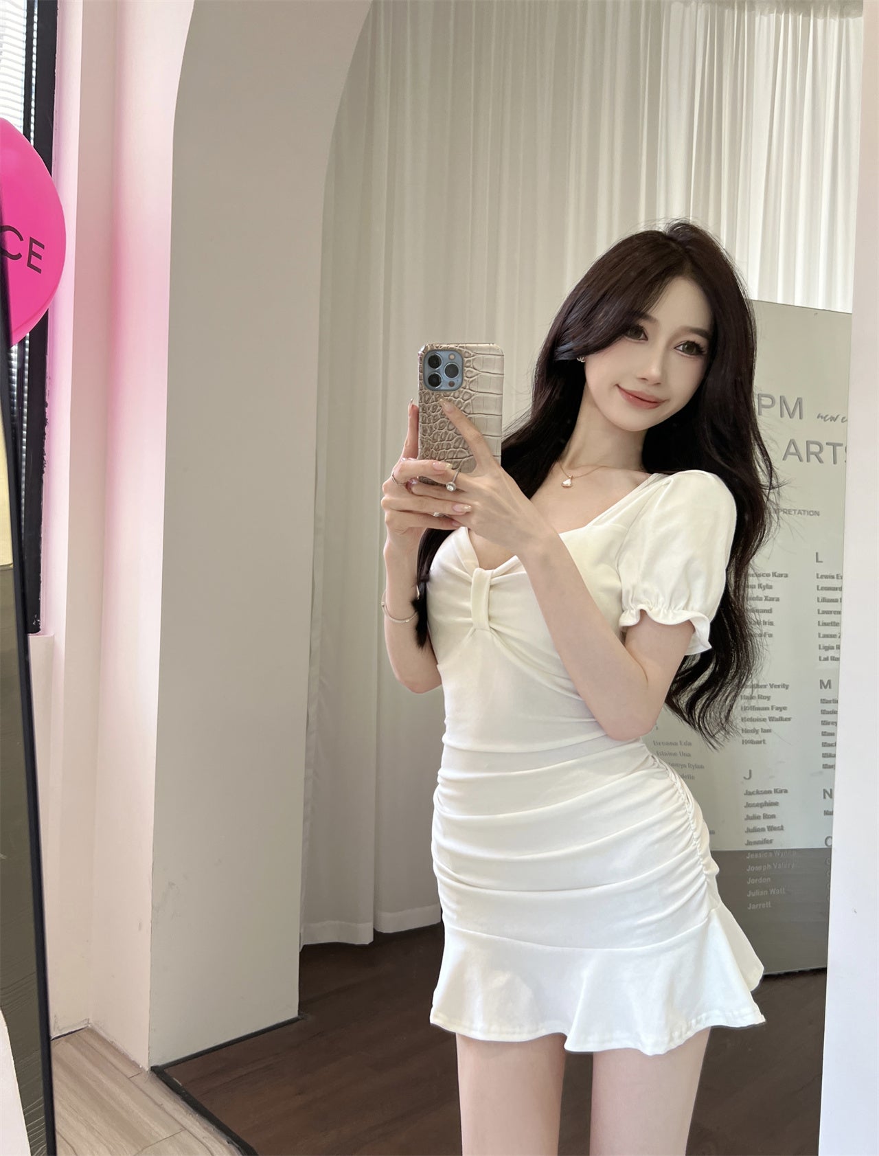 Vintage White Puff Short Sleeve Mini Skirt Hot Girls Party Outfit Ruffles Hem Sheath Short Dress AP1627