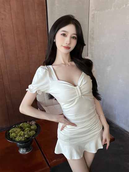 Vintage White Puff Short Sleeve Mini Skirt Hot Girls Party Outfit Ruffles Hem Sheath Short Dress AP1627