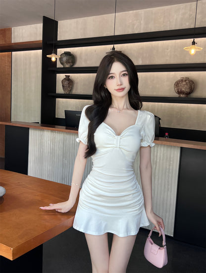 Vintage White Puff Short Sleeve Mini Skirt Hot Girls Party Outfit Ruffles Hem Sheath Short Dress AP1627