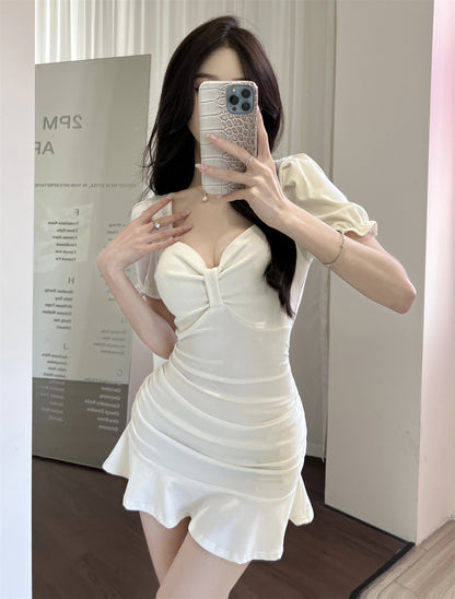 Vintage White Puff Short Sleeve Mini Skirt Hot Girls Party Outfit Ruffles Hem Sheath Short Dress AP1627