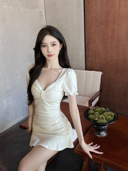 Vintage White Puff Short Sleeve Mini Skirt Hot Girls Party Outfit Ruffles Hem Sheath Short Dress AP1627