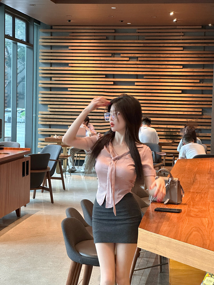 Vintage Pink Top Two-Piece Set Gray Mini Skirt Hot Girls Office-Ready Tie-Front Top Bodycon Short Dress AP1628