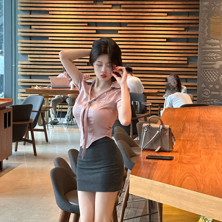 Vintage Pink Top Two-Piece Set Gray Mini Skirt Hot Girls Office-Ready Tie-Front Top Bodycon Short Dress AP1628
