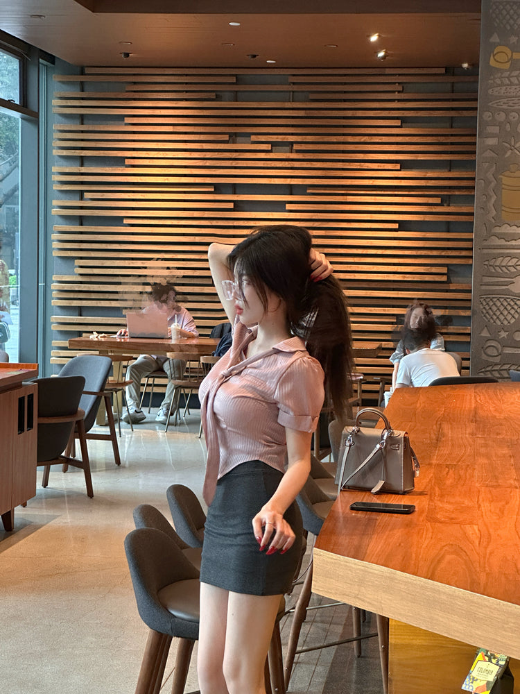 Vintage Pink Top Two-Piece Set Gray Mini Skirt Hot Girls Office-Ready Tie-Front Top Bodycon Short Dress AP1628