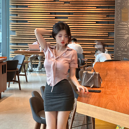 Vintage Pink Top Two-Piece Set Gray Mini Skirt Hot Girls Office-Ready Tie-Front Top Bodycon Short Dress AP1628
