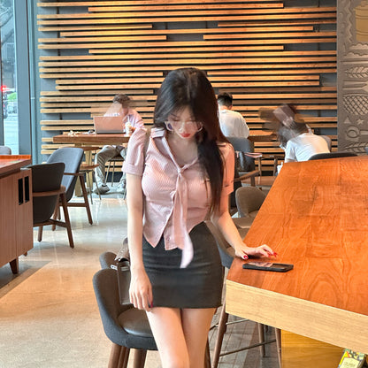 Vintage Pink Top Two-Piece Set Gray Mini Skirt Hot Girls Office-Ready Tie-Front Top Bodycon Short Dress AP1628
