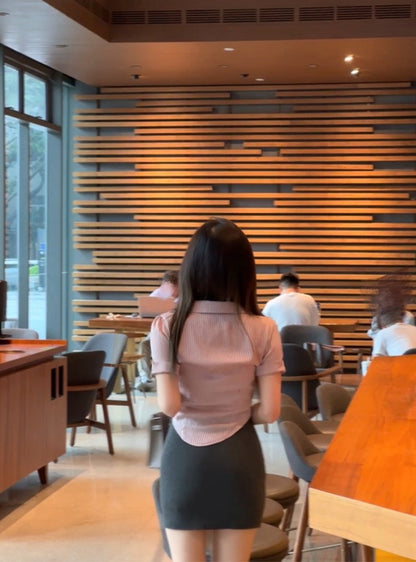 Vintage Pink Top Two-Piece Set Gray Mini Skirt Hot Girls Office-Ready Tie-Front Top Bodycon Short Dress AP1628