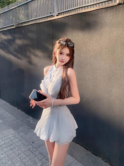 Vintage Sweet Ruffle Light Blue Flowy Mini Skirt Everyday Chic Party Outfit A-Line Ruffled Halter Short Dress AP1629