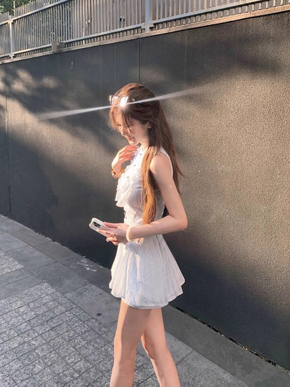 Vintage Sweet Ruffle Light Blue Flowy Mini Skirt Everyday Chic Party Outfit A-Line Ruffled Halter Short Dress AP1629