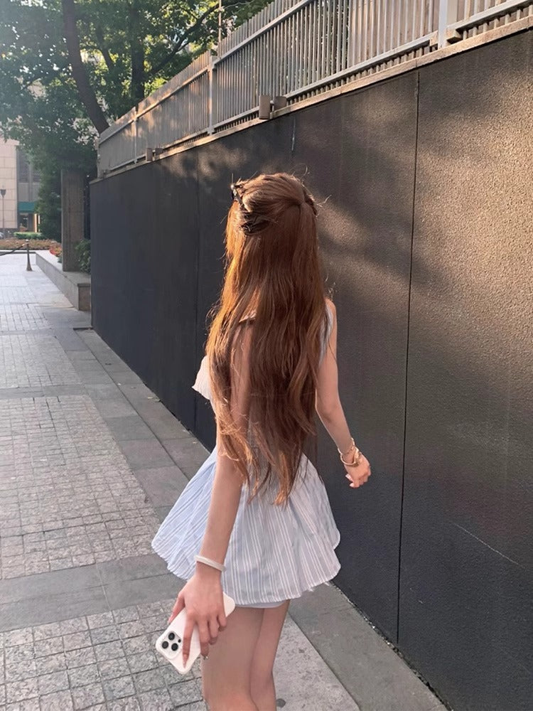 Vintage Sweet Ruffle Light Blue Flowy Mini Skirt Everyday Chic Party Outfit A-Line Ruffled Halter Short Dress AP1629