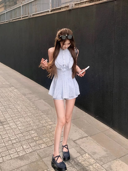 Vintage Sweet Ruffle Light Blue Flowy Mini Skirt Everyday Chic Party Outfit A-Line Ruffled Halter Short Dress AP1629