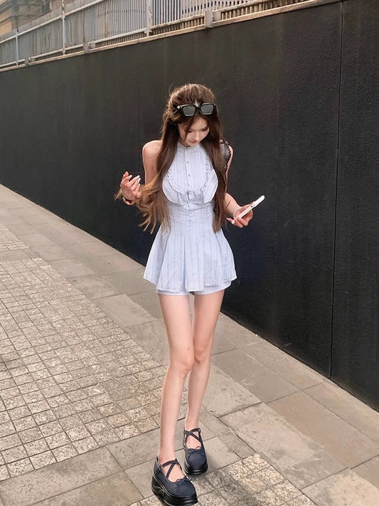 Vintage Sweet Ruffle Light Blue Flowy Mini Skirt Everyday Chic Party Outfit A-Line Ruffled Halter Short Dress AP1629