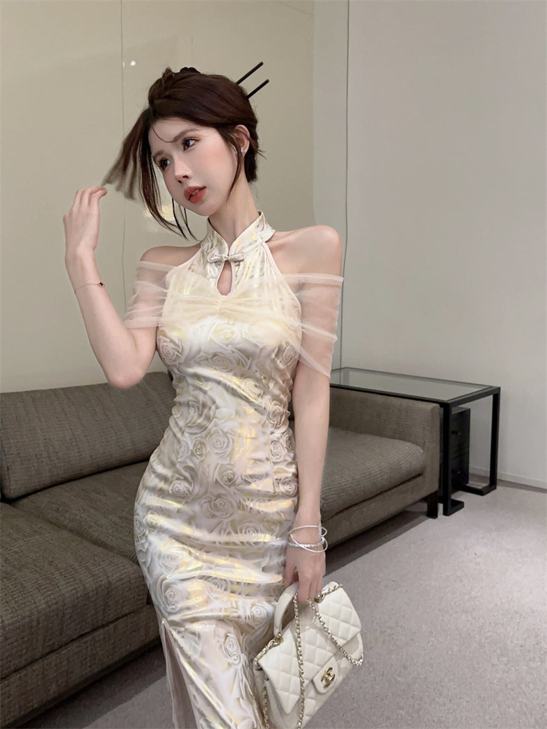 Retro Gold Jacquard Sheer Tulle Capelet Mini Skirt Charming Modern Slit Oriental Sheath Halter Short Dress AP1630