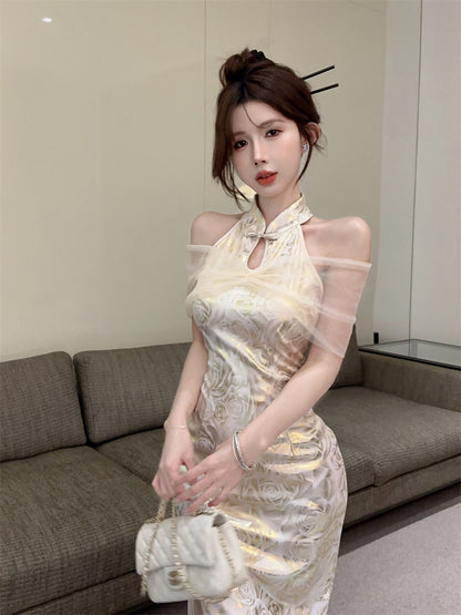 Retro Gold Jacquard Sheer Tulle Capelet Mini Skirt Charming Modern Slit Oriental Sheath Halter Short Dress AP1630