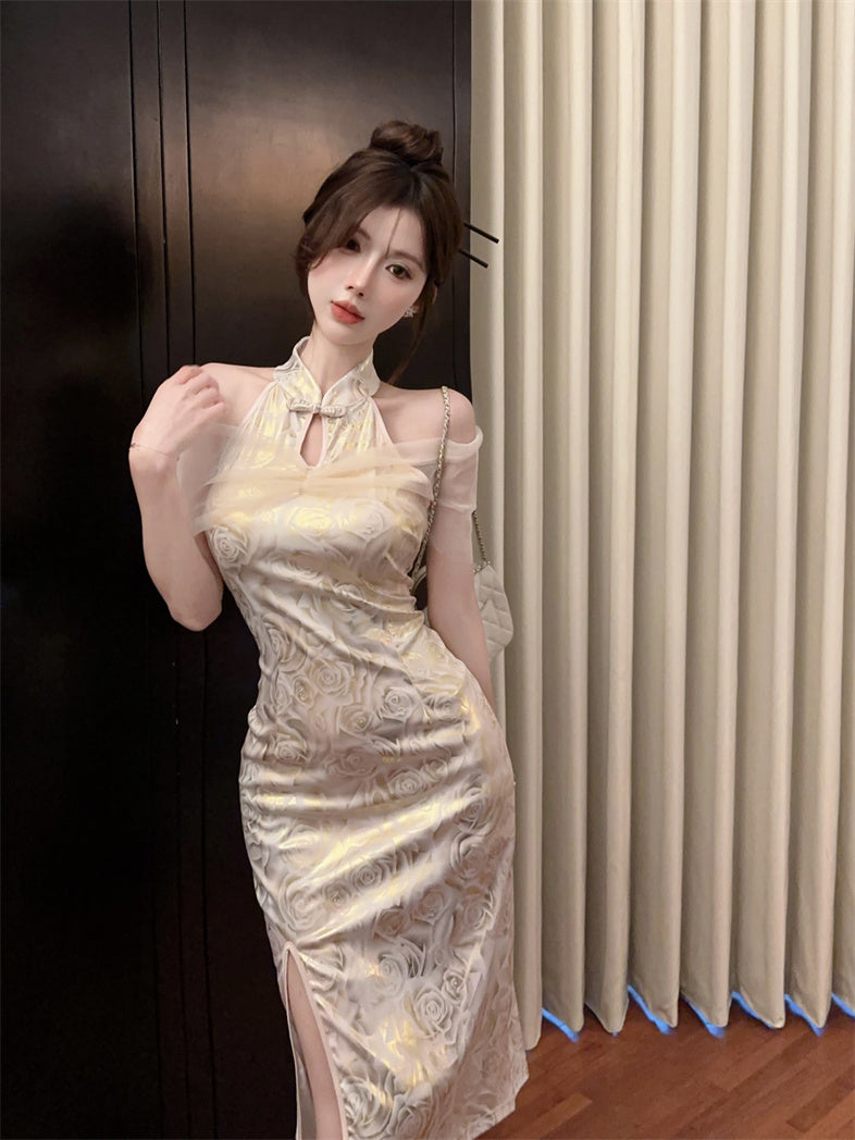 Retro Gold Jacquard Sheer Tulle Capelet Mini Skirt Charming Modern Slit Oriental Sheath Halter Short Dress AP1630
