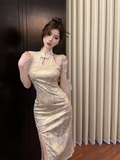 Retro Gold Jacquard Sheer Tulle Capelet Mini Skirt Charming Modern Slit Oriental Sheath Halter Short Dress AP1630