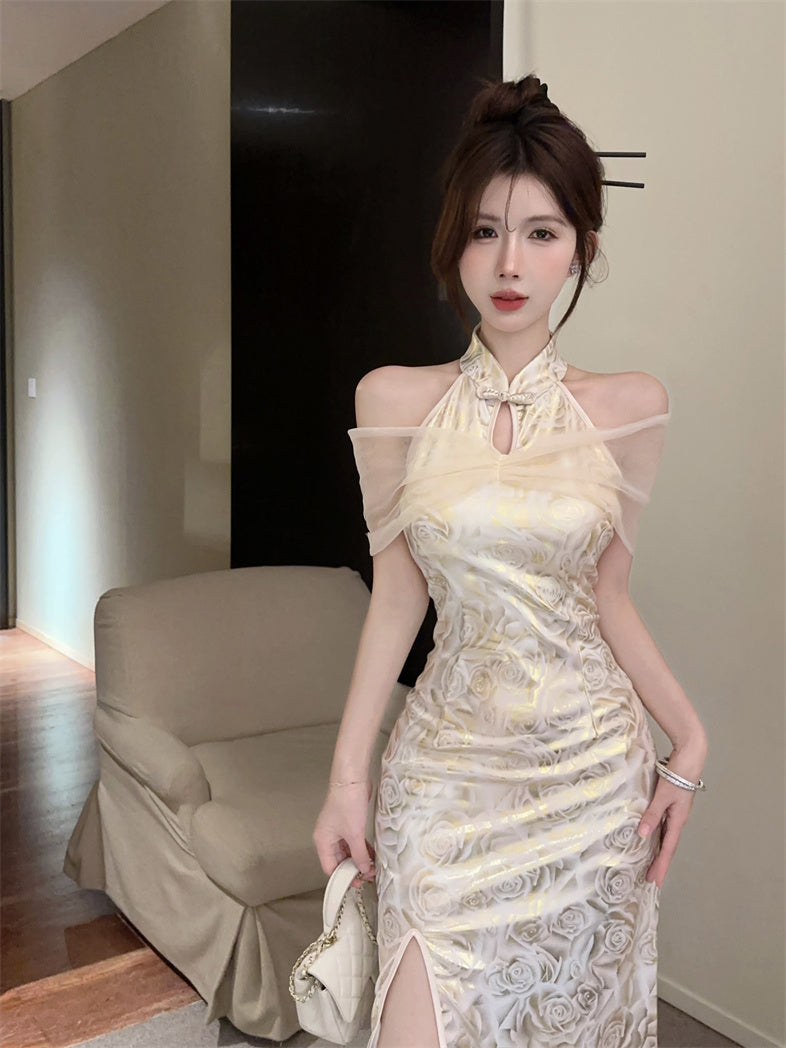 Retro Gold Jacquard Sheer Tulle Capelet Mini Skirt Charming Modern Slit Oriental Sheath Halter Short Dress AP1630
