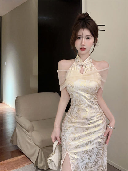 Retro Gold Jacquard Sheer Tulle Capelet Mini Skirt Charming Modern Slit Oriental Sheath Halter Short Dress AP1630
