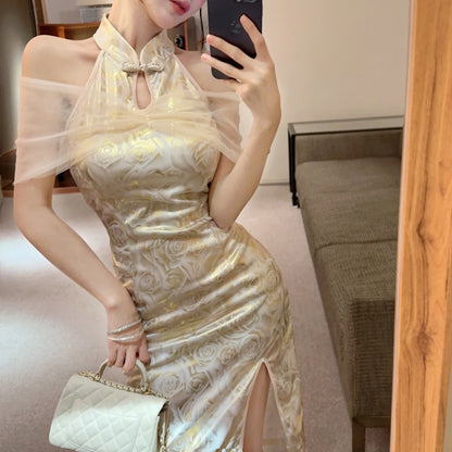 Retro Gold Jacquard Sheer Tulle Capelet Mini Skirt Charming Modern Slit Oriental Sheath Halter Short Dress AP1630