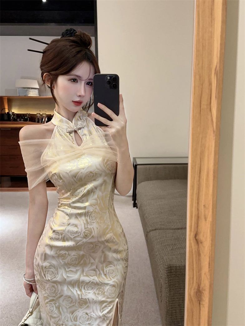 Retro Gold Jacquard Sheer Tulle Capelet Mini Skirt Charming Modern Slit Oriental Sheath Halter Short Dress AP1630