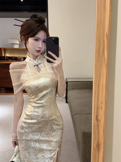 Retro Gold Jacquard Sheer Tulle Capelet Mini Skirt Charming Modern Slit Oriental Sheath Halter Short Dress AP1630