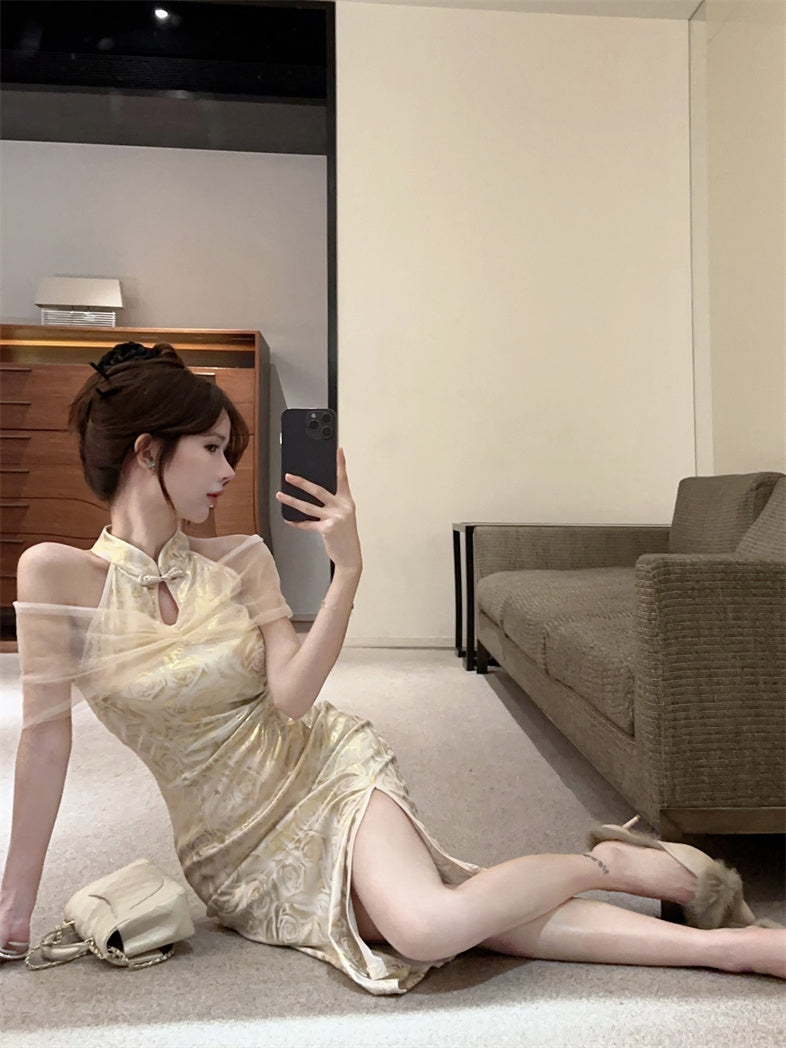 Retro Gold Jacquard Sheer Tulle Capelet Mini Skirt Charming Modern Slit Oriental Sheath Halter Short Dress AP1630