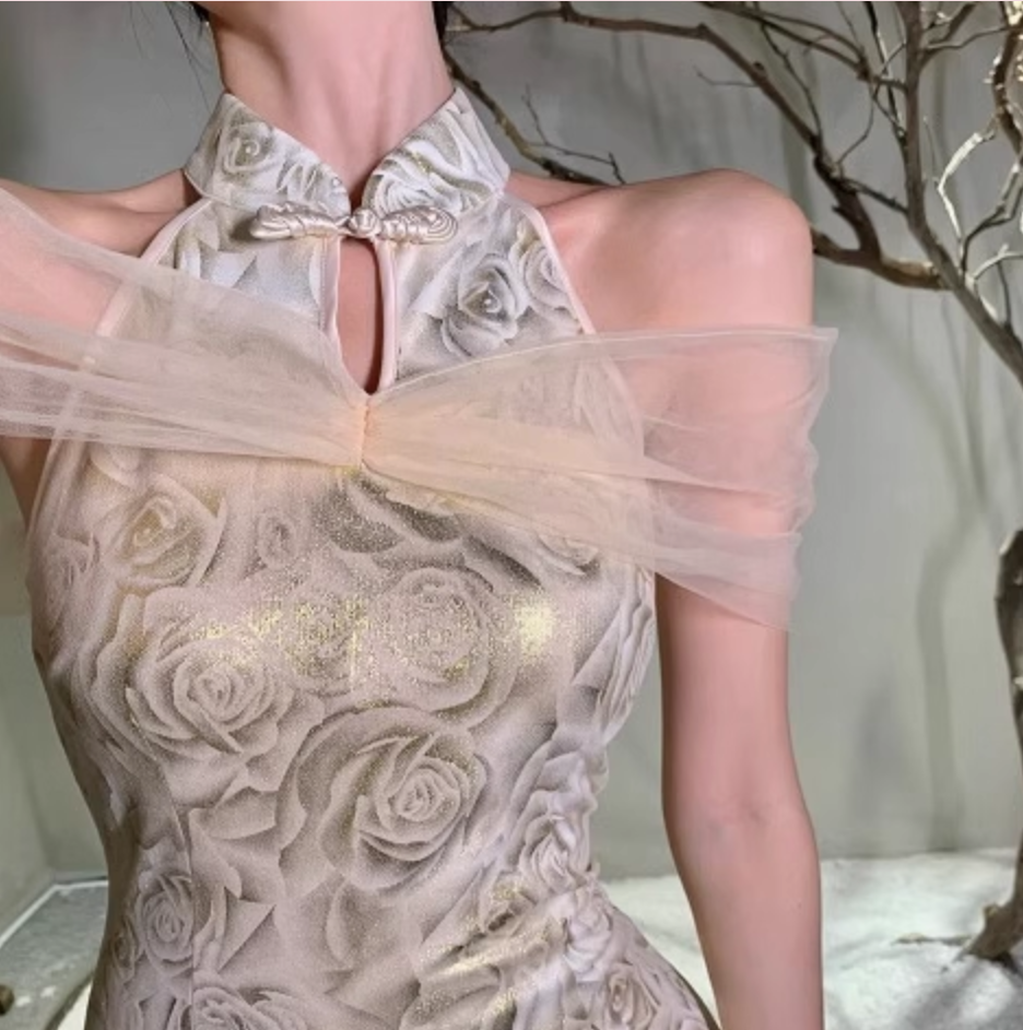 Retro Gold Jacquard Sheer Tulle Capelet Mini Skirt Charming Modern Slit Oriental Sheath Halter Short Dress AP1630