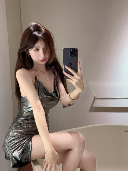 New Fashion Silver Glittering Fabric Mini Skirt Parties Outfit Draped Modern Halter Short Dress AP1631