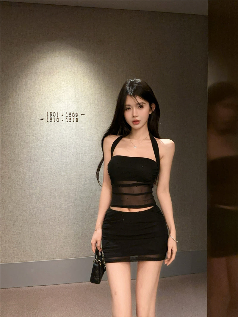 Alluring Party Nights Glittering Sequins Mini Skirt Chic Sheer Mesh Bodycon Halter Short Dress AP1632