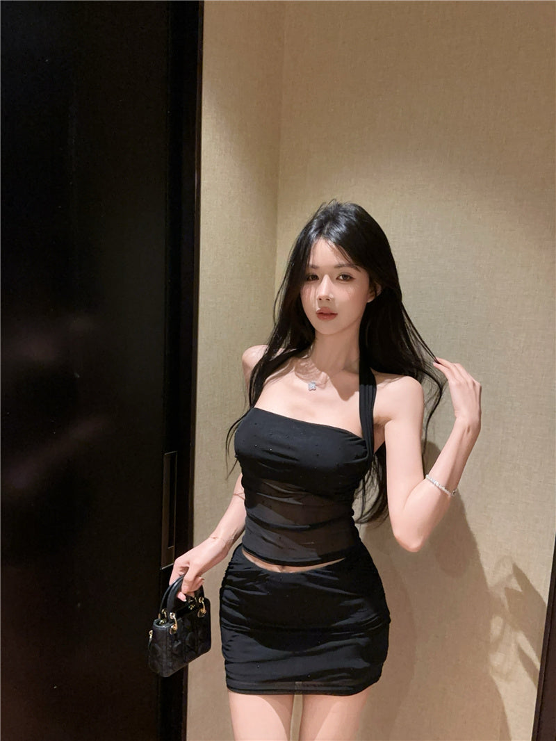 Alluring Party Nights Glittering Sequins Mini Skirt Chic Sheer Mesh Bodycon Halter Short Dress AP1632