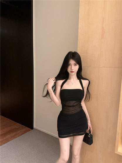 Alluring Party Nights Glittering Sequins Mini Skirt Chic Sheer Mesh Bodycon Halter Short Dress AP1632