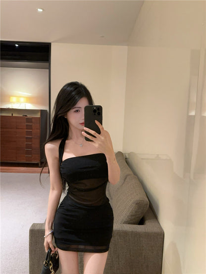 Alluring Party Nights Glittering Sequins Mini Skirt Chic Sheer Mesh Bodycon Halter Short Dress AP1632