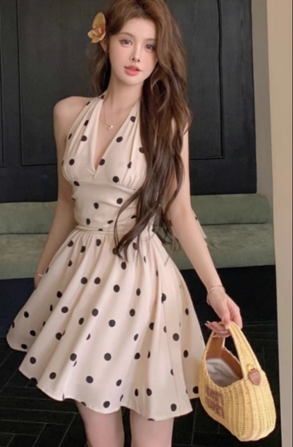 Vogue Beige Polka Dots Mini Skirt Chic Bow Detail A-Line Vacation-Ready Halter Short Dress AP1633
