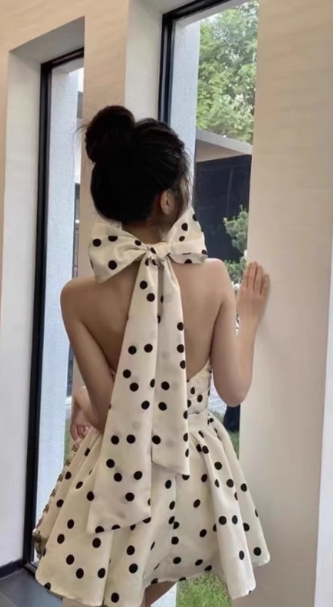 Vogue Beige Polka Dots Mini Skirt Chic Bow Detail A-Line Vacation-Ready Halter Short Dress AP1633