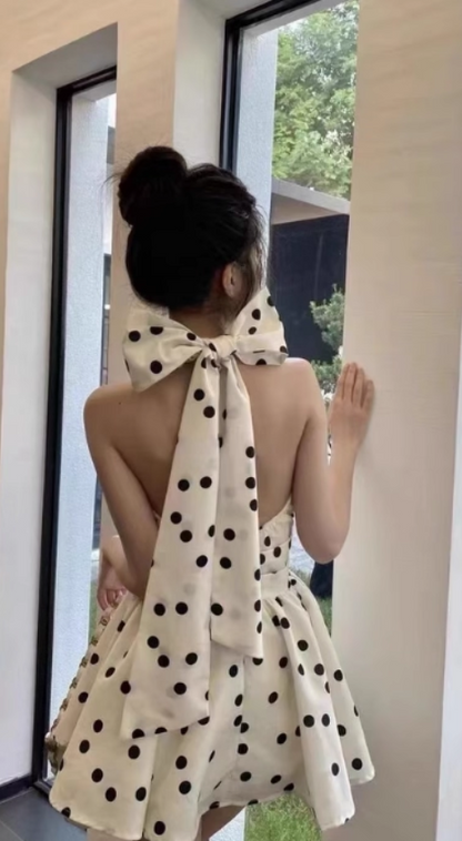 Vogue Beige Polka Dots Mini Skirt Chic Bow Detail A-Line Vacation-Ready Halter Short Dress AP1633