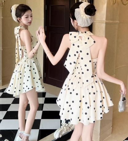 Vogue Beige Polka Dots Mini Skirt Chic Bow Detail A-Line Vacation-Ready Halter Short Dress AP1633
