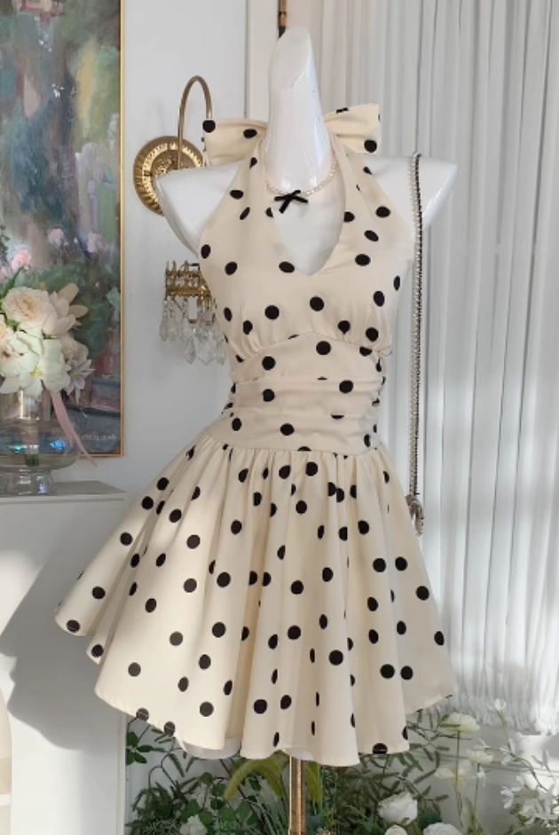 Vogue Beige Polka Dots Mini Skirt Chic Bow Detail A-Line Vacation-Ready Halter Short Dress AP1633