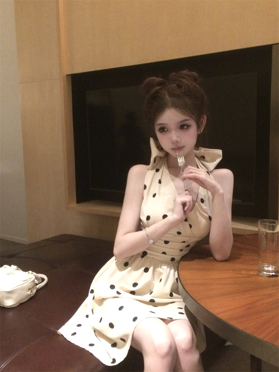 Vogue Beige Polka Dots Mini Skirt Chic Bow Detail A-Line Vacation-Ready Halter Short Dress AP1633