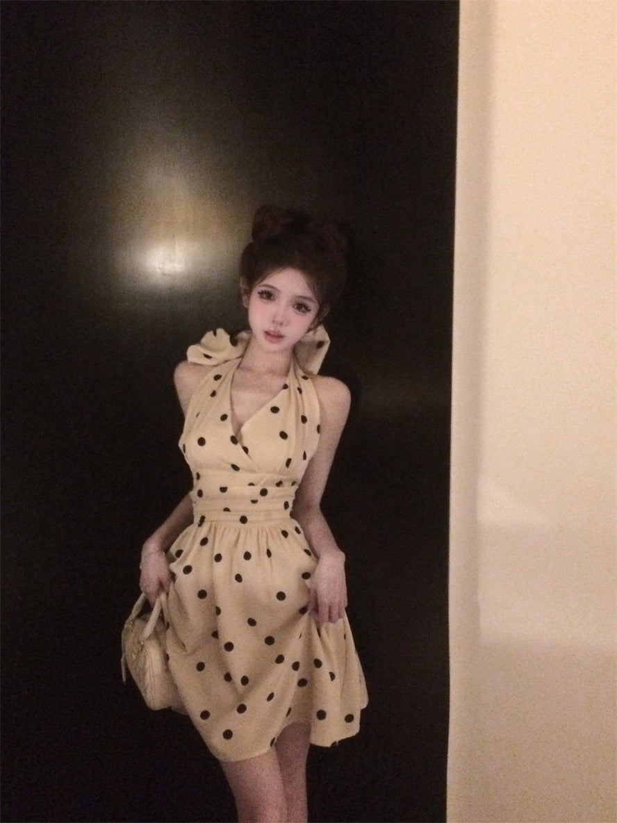 Vogue Beige Polka Dots Mini Skirt Chic Bow Detail A-Line Vacation-Ready Halter Short Dress AP1633