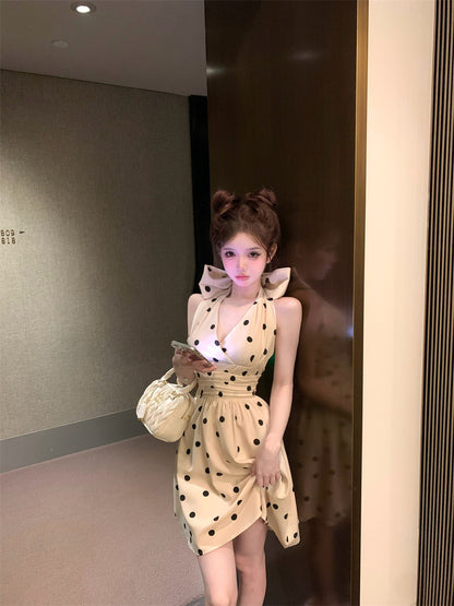 Vogue Beige Polka Dots Mini Skirt Chic Bow Detail A-Line Vacation-Ready Halter Short Dress AP1633