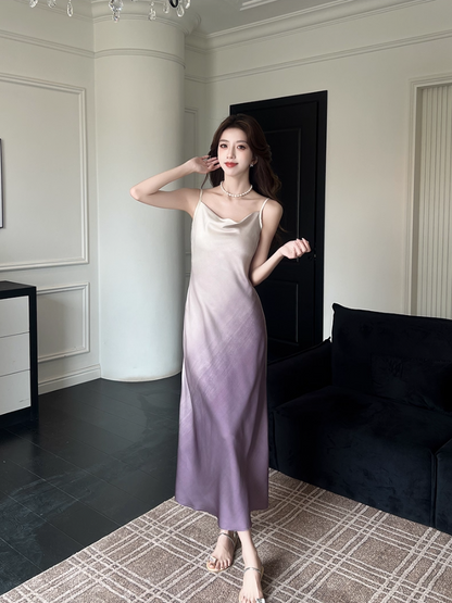 Elegant White & Purple Gradient Maxi Dress Vintage Outdoor Trips Spaghetti Strap Ruched Neckline Long Dress AP1636