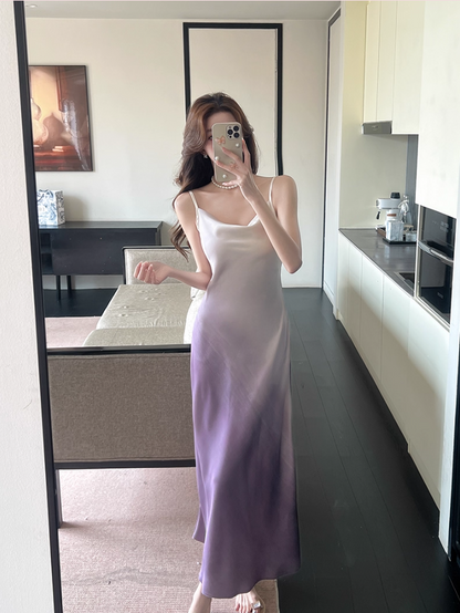 Elegant White & Purple Gradient Maxi Dress Vintage Outdoor Trips Spaghetti Strap Ruched Neckline Long Dress AP1636