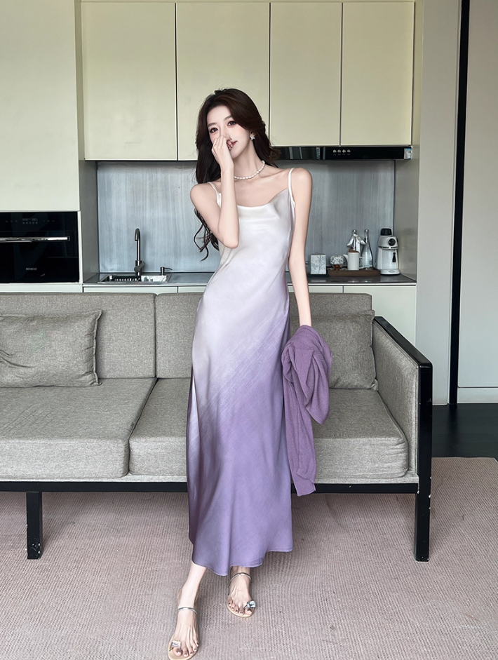 Elegant White & Purple Gradient Maxi Dress Vintage Outdoor Trips Spaghetti Strap Ruched Neckline Long Dress AP1636