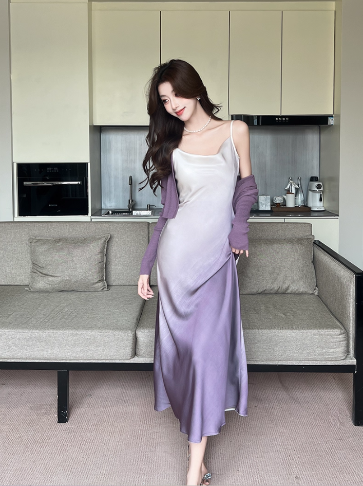 Elegant White & Purple Gradient Maxi Dress Vintage Outdoor Trips Spaghetti Strap Ruched Neckline Long Dress AP1636