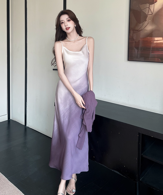 Elegant White & Purple Gradient Maxi Dress Vintage Outdoor Trips Spaghetti Strap Ruched Neckline Long Dress AP1636